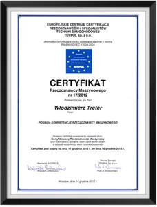 Certyfikat TÜVPOL – Rzeczoznawca Maszynowy nr 17/2012, 2012