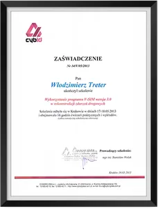 Zaświadczenie – program V-SIM w rekonstrukcji zdarzeń drogowych, 2013